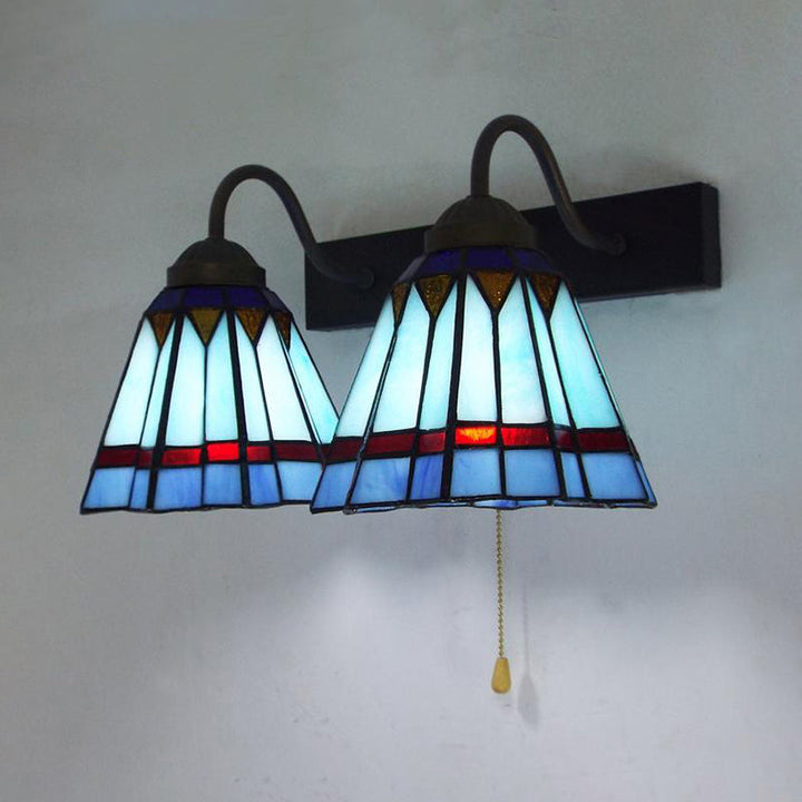 Lisslune | Mediterranean Cone Wall Lamp 2 Heads Blue Glass Wall Mount Light with Pull Switch