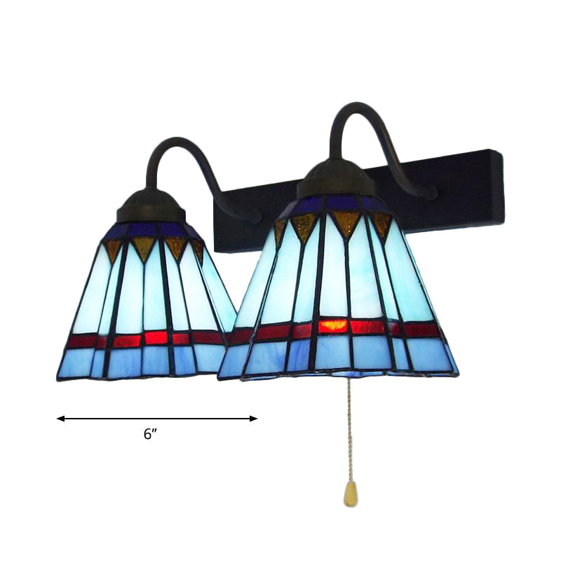 Lisslune | Mediterranean Cone Wall Lamp 2 Heads Blue Glass Wall Mount Light with Pull Switch