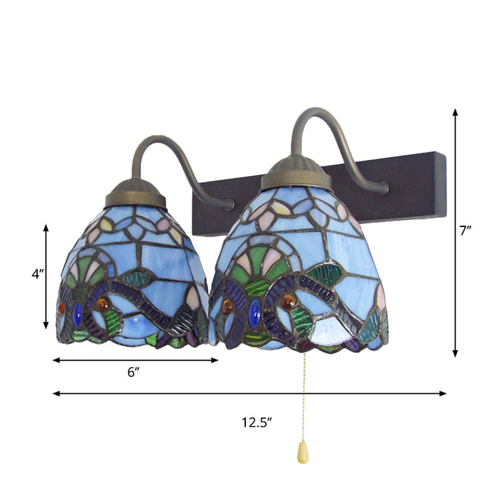 Lisslune | 2 Heads Bowl Wall Light Baroque Blue Glass Wall Lamp with Pull Switch