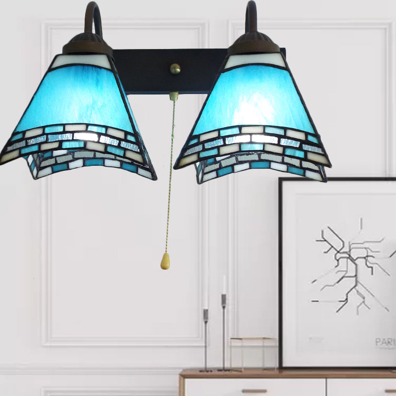 Lisslune | Mediterranean Pyramid Wall-mounted Light 2 Heads Blue Glass Wall Lamp with Pull Switch