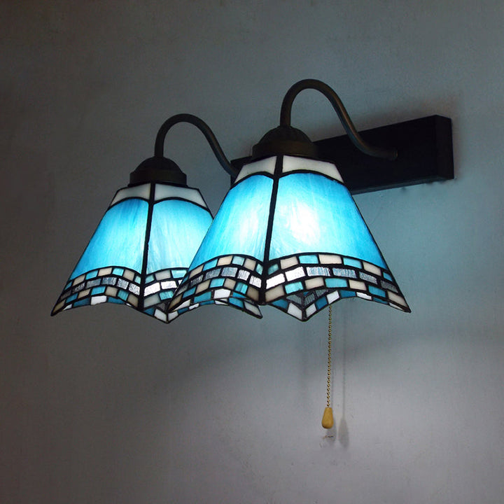 Lisslune | Mediterranean Pyramid Wall-mounted Light 2 Heads Blue Glass Wall Lamp with Pull Switch