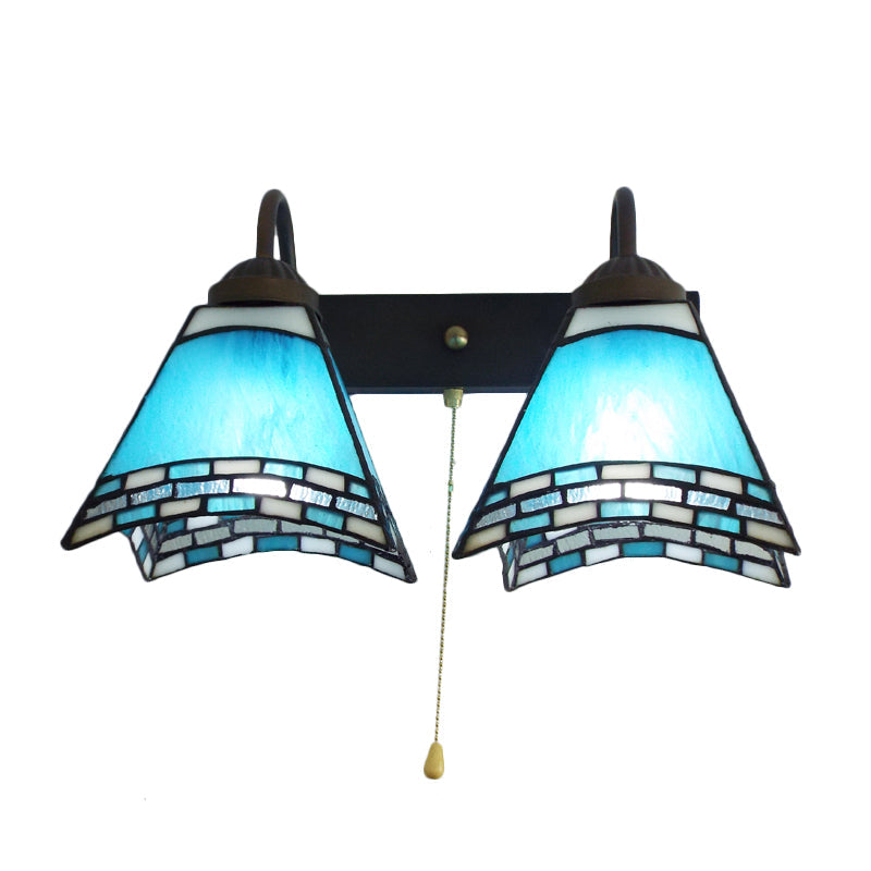 Lisslune | Mediterranean Pyramid Wall-mounted Light 2 Heads Blue Glass Wall Lamp with Pull Switch
