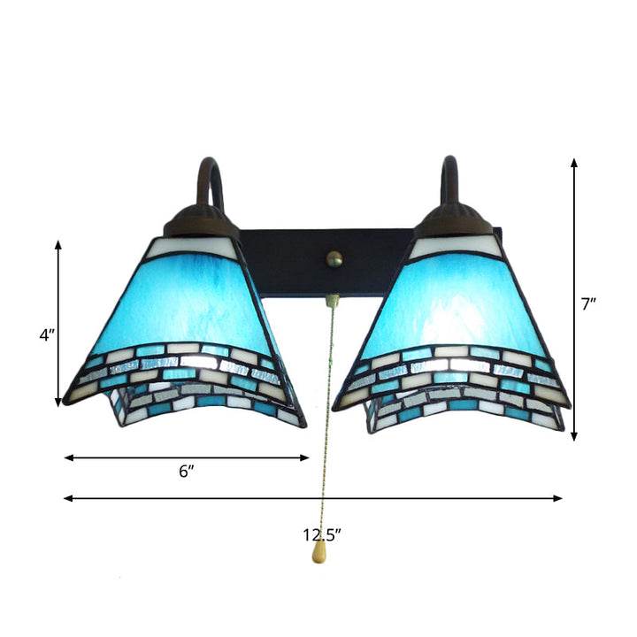 Lisslune | Mediterranean Pyramid Wall-mounted Light 2 Heads Blue Glass Wall Lamp with Pull Switch
