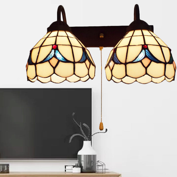 Lisslune | 2 Heads Dome Wall Light Tiffany Black 2 Heads Beige Glass Wall Mount Light with Pull Chain