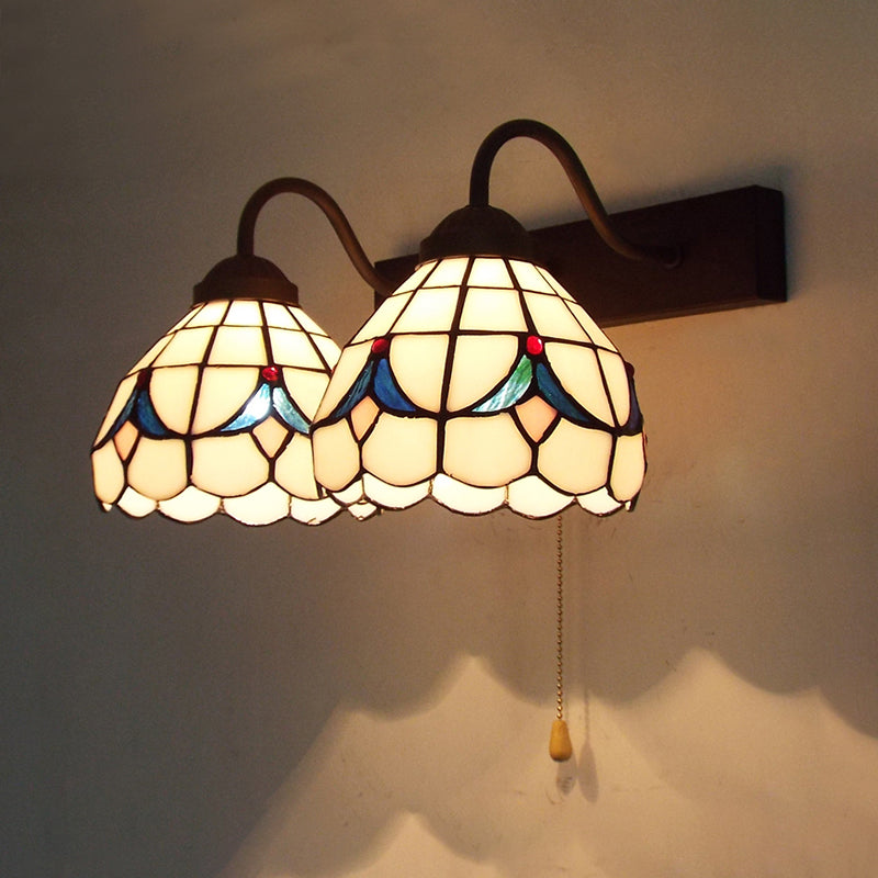 Lisslune | 2 Heads Dome Wall Light Tiffany Black 2 Heads Beige Glass Wall Mount Light with Pull Chain