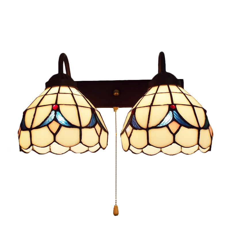 Lisslune | 2 Heads Dome Wall Light Tiffany Black 2 Heads Beige Glass Wall Mount Light with Pull Chain