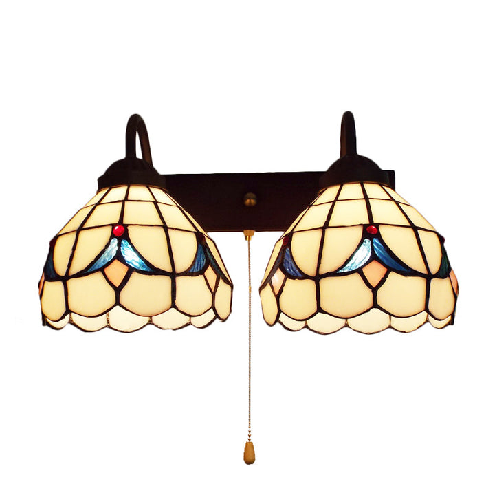 Lisslune | 2 Heads Dome Wall Light Tiffany Black 2 Heads Beige Glass Wall Mount Light with Pull Chain