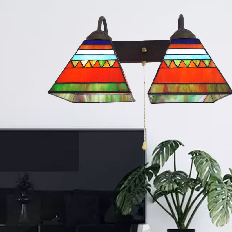 Lisslune | Pyramid Wall Light Tiffany Orange Glass 1 Head Black Wall Mounted Light with Pull Chain