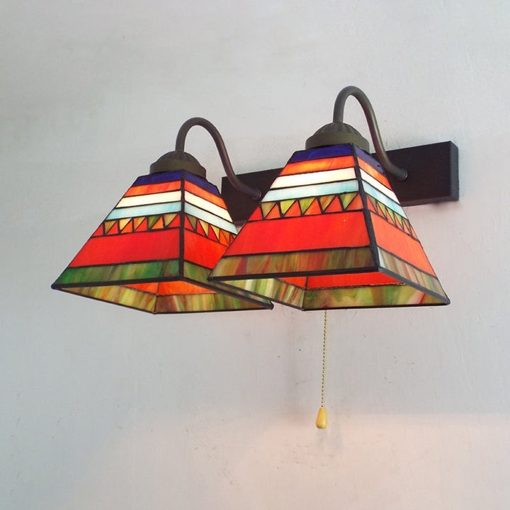 Lisslune | Pyramid Wall Light Tiffany Orange Glass 1 Head Black Wall Mounted Light with Pull Chain
