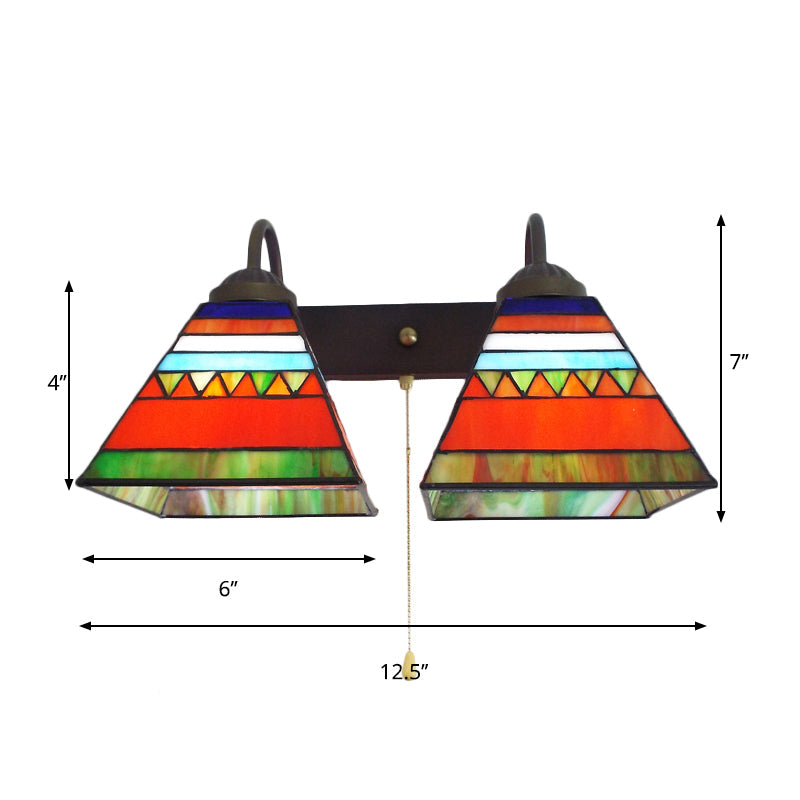 Lisslune | Pyramid Wall Light Tiffany Orange Glass 1 Head Black Wall Mounted Light with Pull Chain