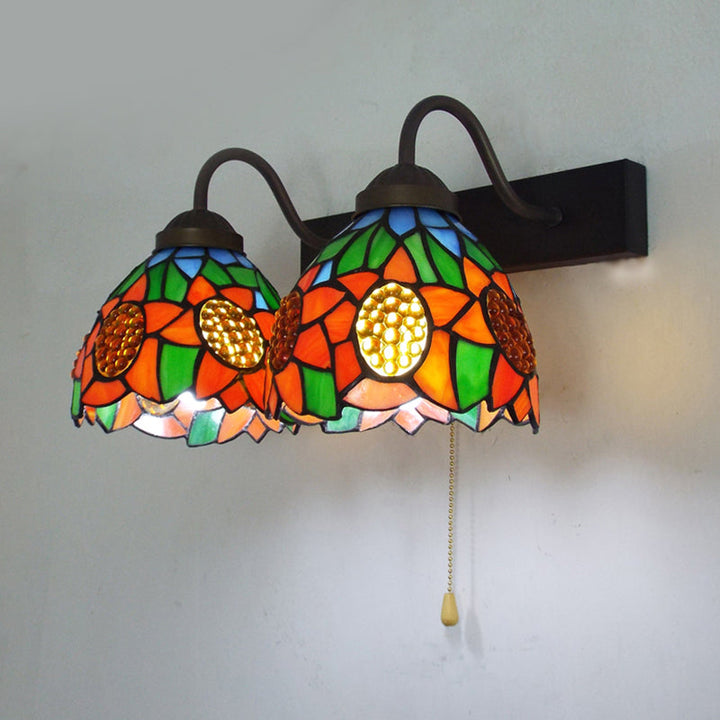 Lisslune | Orange Glass Dome Wall Lamp Baroque 1 Head Black Wall Lamp with Pull Chain