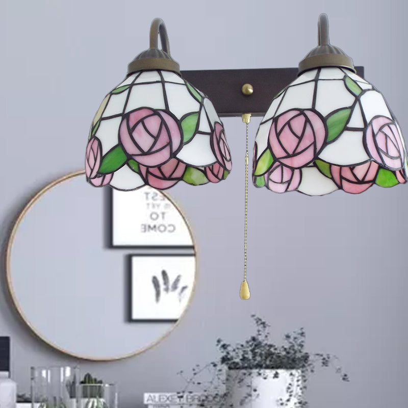 Lisslune | Pink Wall Lamp Victorian Stained Glass 2 Heads Black Wall Lamp with Pull Switch