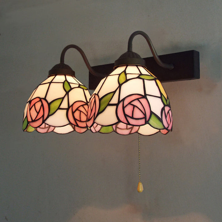 Lisslune | Pink Wall Lamp Victorian Stained Glass 2 Heads Black Wall Lamp with Pull Switch