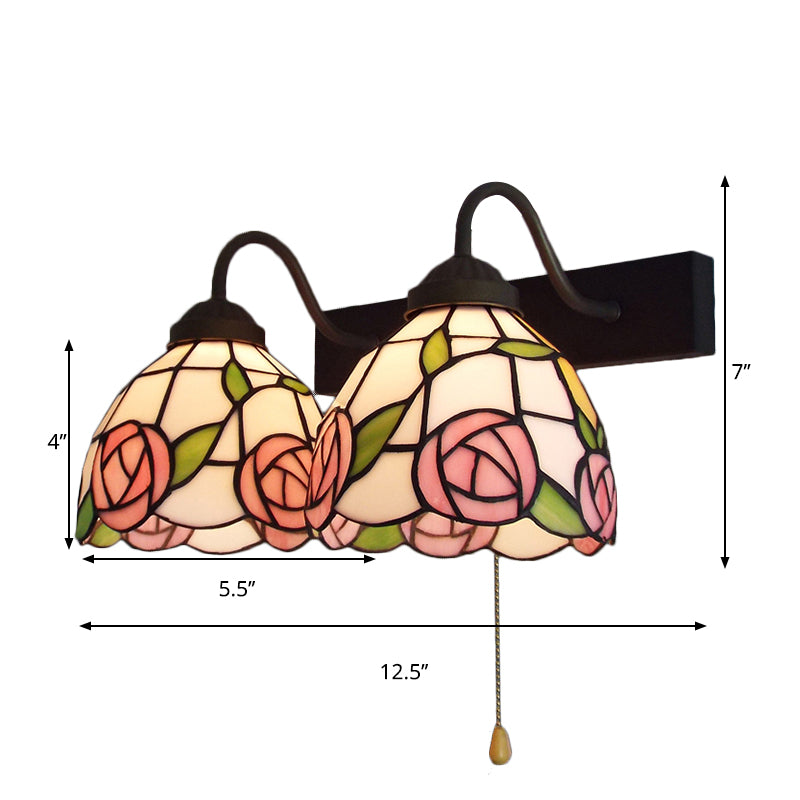 Lisslune | Pink Wall Lamp Victorian Stained Glass 2 Heads Black Wall Lamp with Pull Switch