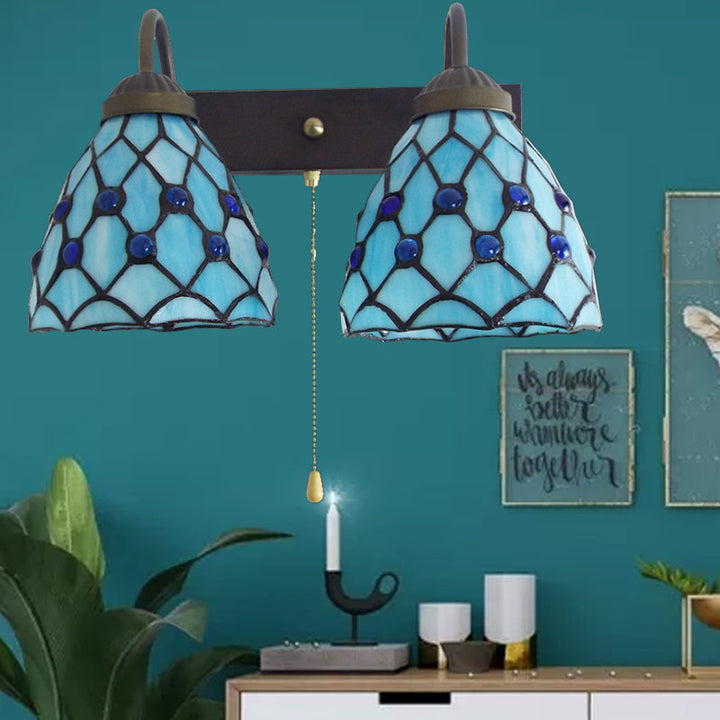 Lisslune | Sky Blue Glass Bowl Sconce Light Fixture Mediterranean 1 Head Black Wall Lamp with Pull Chain