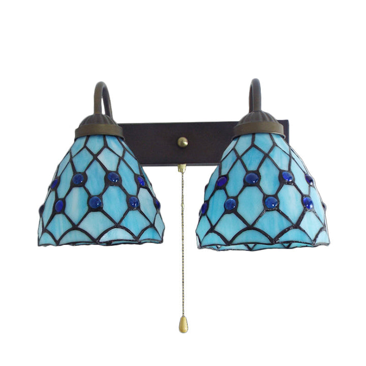 Lisslune | Sky Blue Glass Bowl Sconce Light Fixture Mediterranean 1 Head Black Wall Lamp with Pull Chain