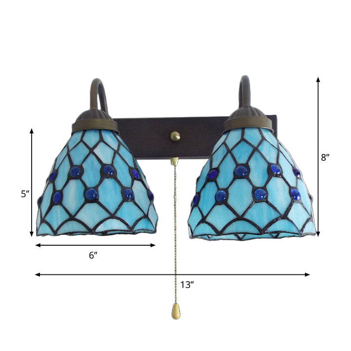 Lisslune | Sky Blue Glass Bowl Sconce Light Fixture Mediterranean 1 Head Black Wall Lamp with Pull Chain