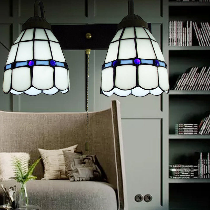 Lisslune | 1 Head Wall Light Tiffany Grid Pattern White Glass Wall Mounted Light with Pull Chain