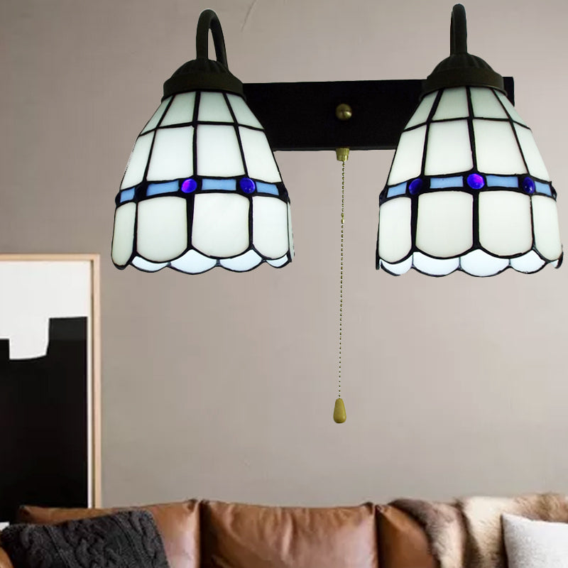 Lisslune | 1 Head Wall Light Tiffany Grid Pattern White Glass Wall Mounted Light with Pull Chain