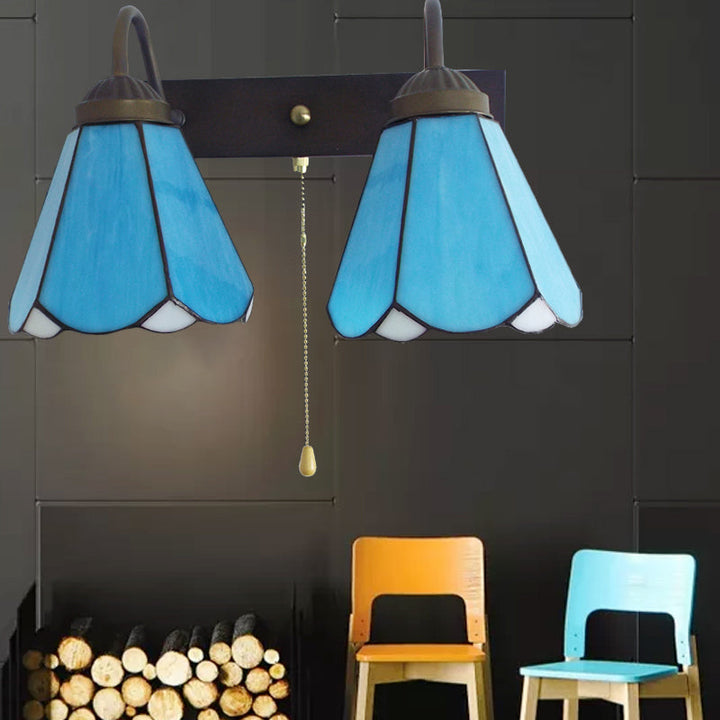Lisslune | Blue Glass Cone Wall Light Mediterranean 2 Heads Black Wall Lamp with Pull Switch