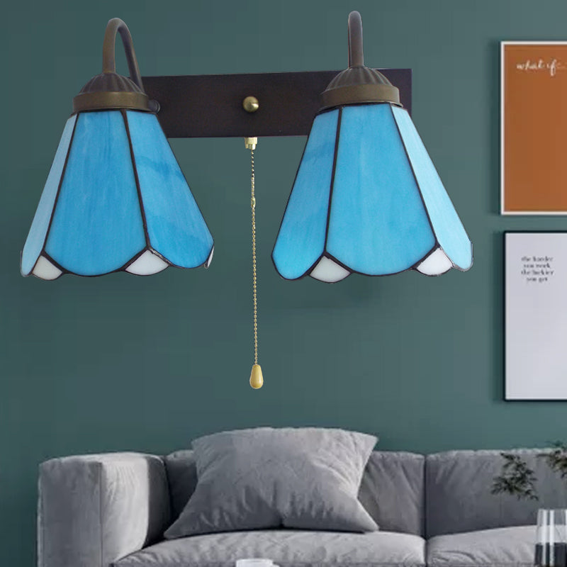 Lisslune | Blue Glass Cone Wall Light Mediterranean 2 Heads Black Wall Lamp with Pull Switch