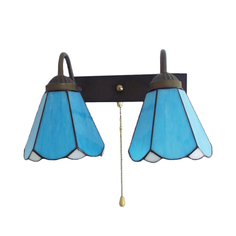Lisslune | Blue Glass Cone Wall Light Mediterranean 2 Heads Black Wall Lamp with Pull Switch