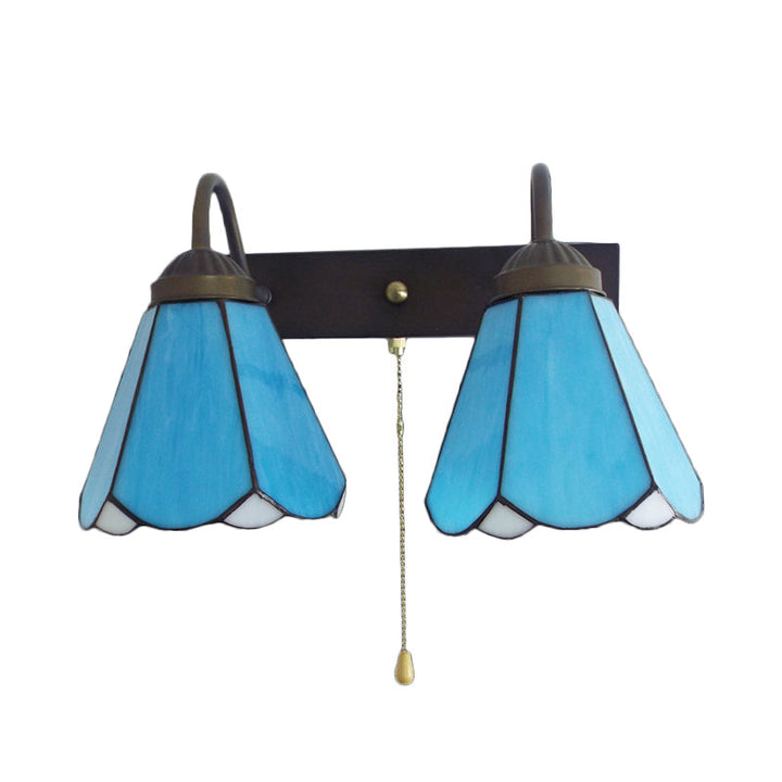Lisslune | Blue Glass Cone Wall Light Mediterranean 2 Heads Black Wall Lamp with Pull Switch