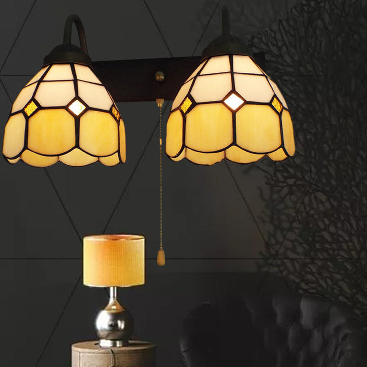 Lisslune | Dome Beige Glass Wall Lamp Fixture Tiffany 2 Heads Black Wall Lamp Lighting with Pull Chain Switch