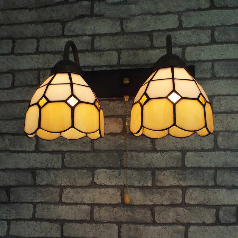 Lisslune | Dome Beige Glass Wall Lamp Fixture Tiffany 2 Heads Black Wall Lamp Lighting with Pull Chain Switch