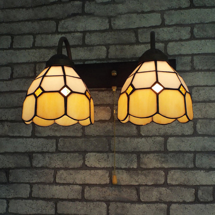 Lisslune | Dome Beige Glass Wall Lamp Fixture Tiffany 2 Heads Black Wall Lamp Lighting with Pull Chain Switch