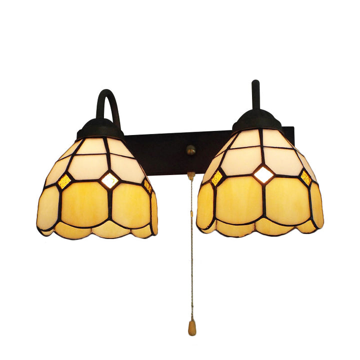 Lisslune | Dome Beige Glass Wall Lamp Fixture Tiffany 2 Heads Black Wall Lamp Lighting with Pull Chain Switch