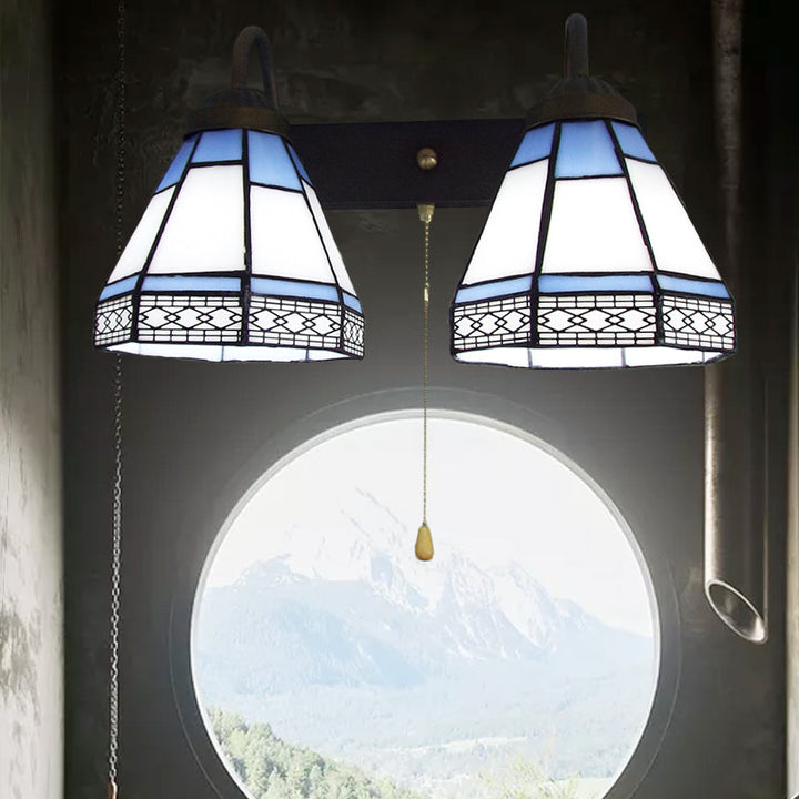 Lisslune | 2 Heads Wall Mounted Light Tiffany Cone Shaped White Glass Wall Light with Pull Chain