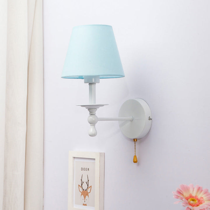 Skørter | Fabric Narrow Shade Wall Lamp with Pull Chain Dining Room One Light Modern Wall Light in Blue
