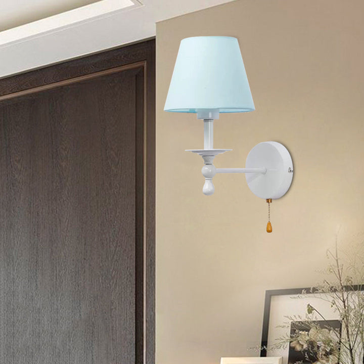 Skørter | Fabric Narrow Shade Wall Lamp with Pull Chain Dining Room One Light Modern Wall Light in Blue