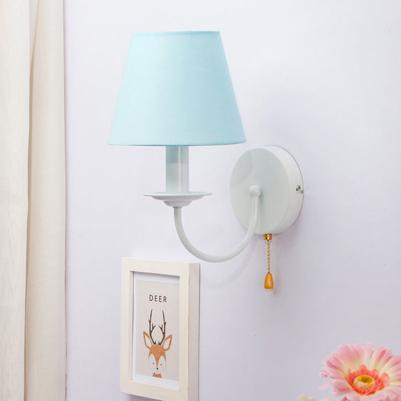 Skørter | Fabric Narrow Shade Wall Lamp with Pull Chain Dining Room One Light Modern Wall Light in Blue