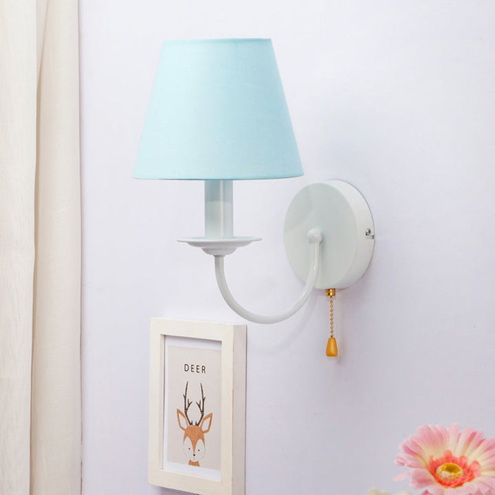 Skørter | Fabric Narrow Shade Wall Lamp with Pull Chain Dining Room One Light Modern Wall Light in Blue