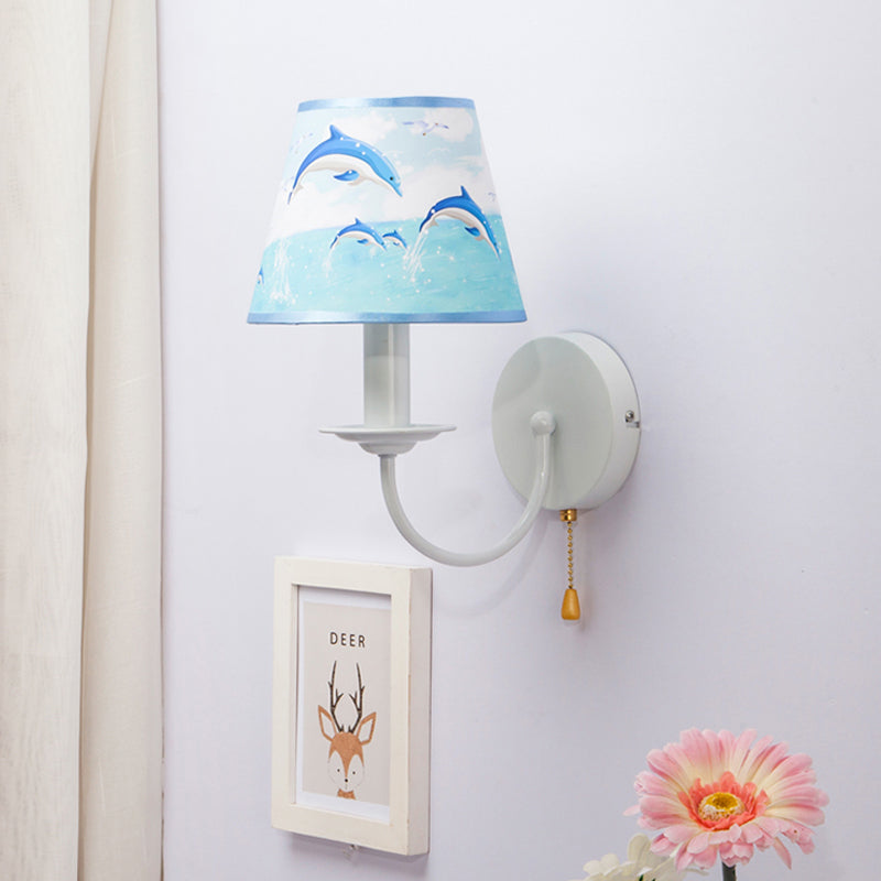 Skørter | Fabric Narrow Shade Wall Lamp with Pull Chain Dining Room One Light Modern Wall Light in Blue