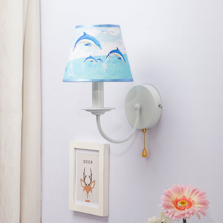Skørter | Fabric Narrow Shade Wall Lamp with Pull Chain Dining Room One Light Modern Wall Light in Blue