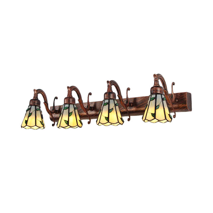 Skørter | Rustic Bathroom Lighting with Leaf Pattern Stained Glass 4 Lights Wall Lamp Fixture in Copper/Antique Brass/Beige