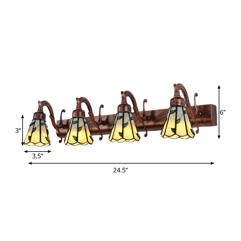 Skørter | Rustic Bathroom Lighting with Leaf Pattern Stained Glass 4 Lights Wall Lamp Fixture in Copper/Antique Brass/Beige