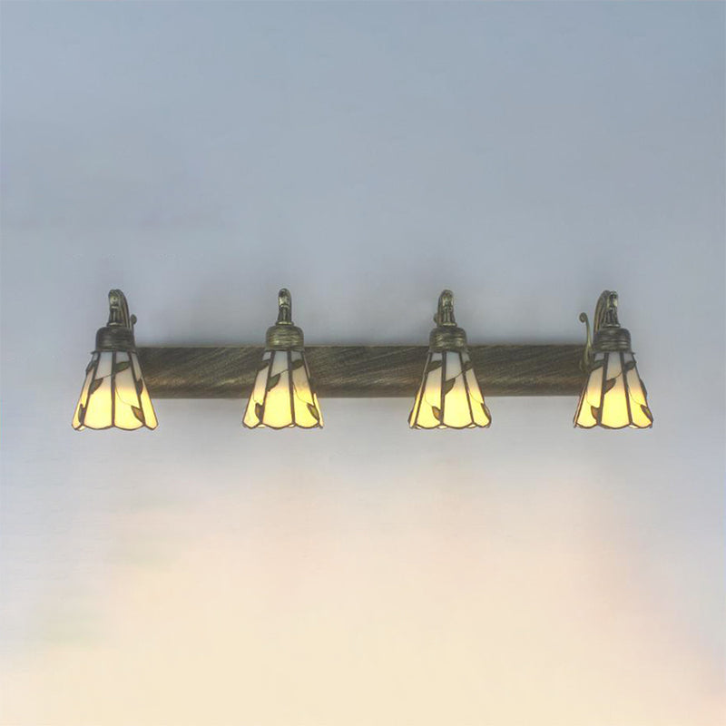 Skørter | Rustic Bathroom Lighting with Leaf Pattern Stained Glass 4 Lights Wall Lamp Fixture in Copper/Antique Brass/Beige