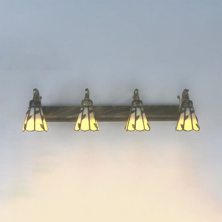 Skørter | Rustic Bathroom Lighting with Leaf Pattern Stained Glass 4 Lights Wall Lamp Fixture in Copper/Antique Brass/Beige