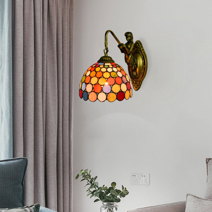 Lisslune | Antique Brass 1 Head Wall Lighting Tiffany Multicolor Tempered Glass Dome Wall Lamp