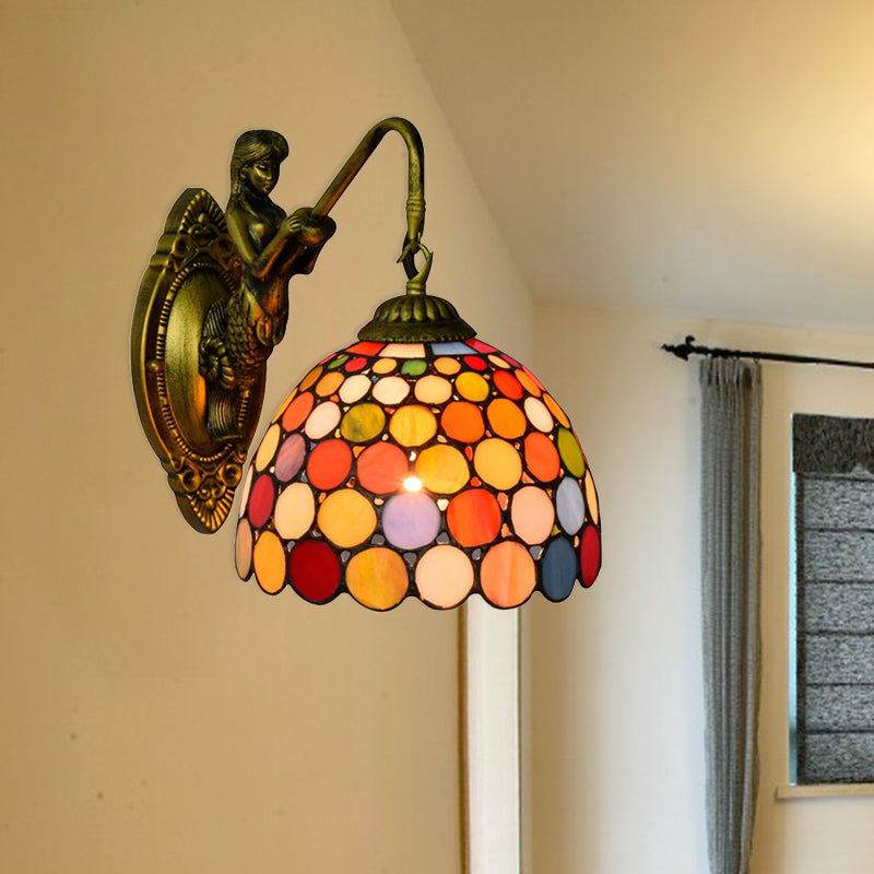 Lisslune | Antique Brass 1 Head Wall Lighting Tiffany Multicolor Tempered Glass Dome Wall Lamp