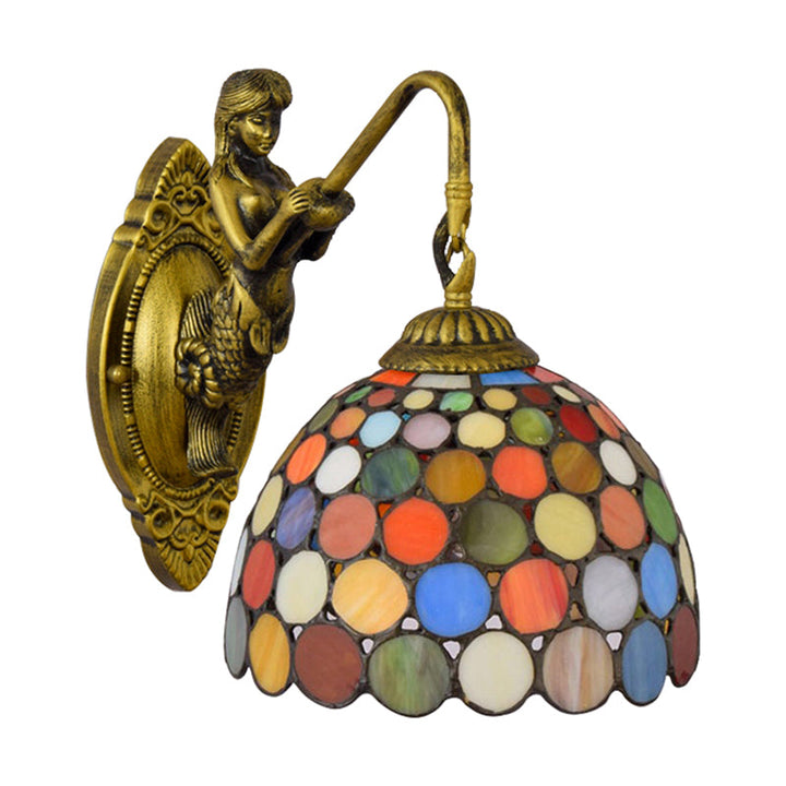 Lisslune | Antique Brass 1 Head Wall Lighting Tiffany Multicolor Tempered Glass Dome Wall Lamp