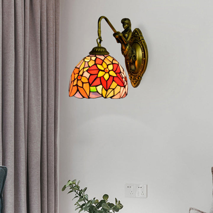 Lisslune | Orange Red Flower Wall Lamp Fixture Tiffany 1 Main Multicolor Filled Glass Wall Lamp