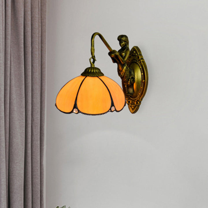 Lisslune | Antique Brass Flower Wall Lighting Fixture Tiffany 1 Head Yellow Glass Wall Lamp with Mermaid Decoration