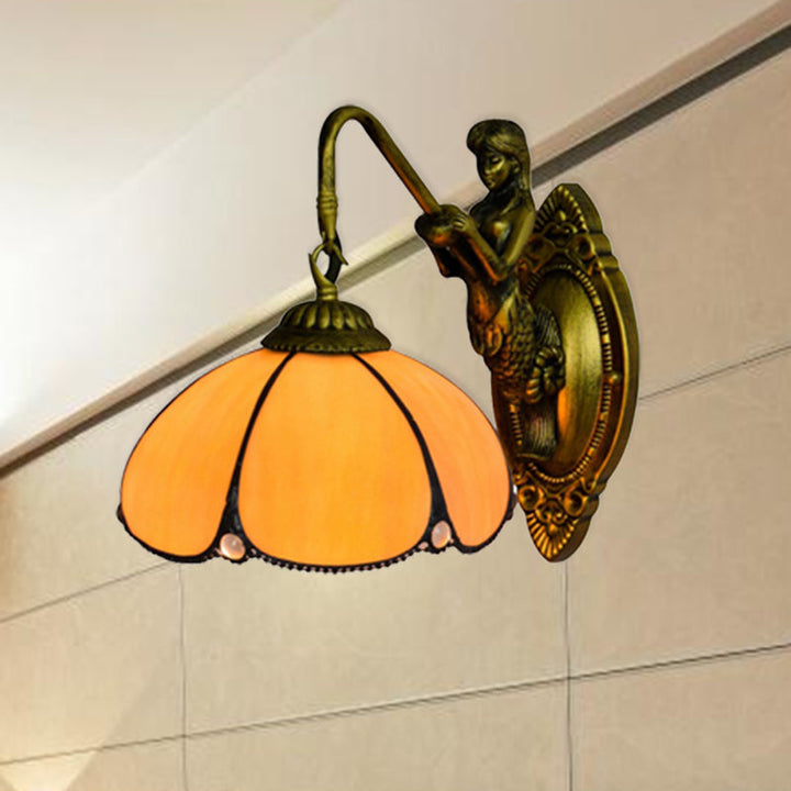 Lisslune | Antique Brass Flower Wall Lighting Fixture Tiffany 1 Head Yellow Glass Wall Lamp with Mermaid Decoration