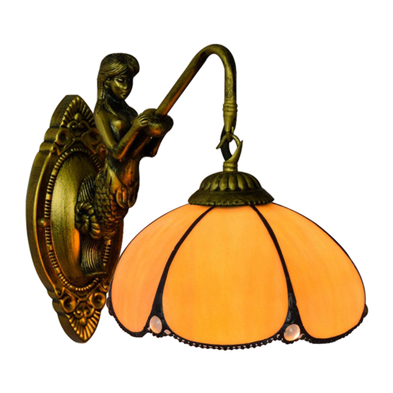 Lisslune | Antique Brass Flower Wall Lighting Fixture Tiffany 1 Head Yellow Glass Wall Lamp with Mermaid Decoration