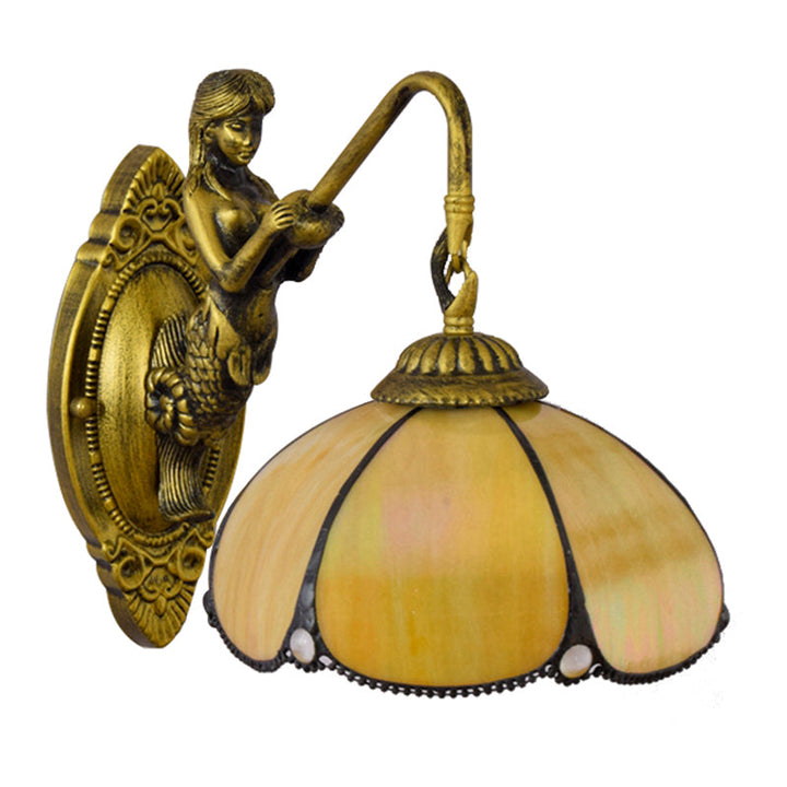 Lisslune | Antique Brass Flower Wall Lighting Fixture Tiffany 1 Head Yellow Glass Wall Lamp with Mermaid Decoration